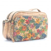 Korková kabelka obdélníková se třemi kapsami - Tropické květiny