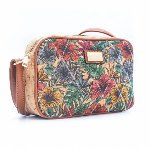 Foto - Korková kabelka obdĺžniková na zips - Tropické kvety
