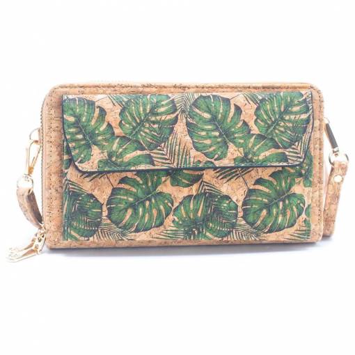 Foto - Korková peňaženka s vreckom na mobilný telefón - Zelené listy