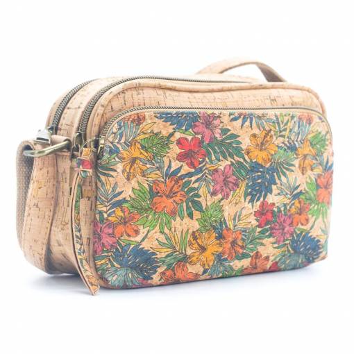Foto - Korková kabelka obdĺžniková s tromi vreckami - Tropické kvety